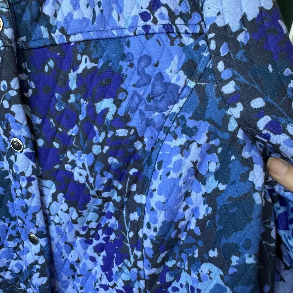 Isaac Mizrahi QVC Quilted Snap Jacket L Blue Floral Print Lightweight Fall Layer